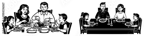 Family Dinner Table Silhouette, Happy Parents and Children Eating Lunch Together, Home Mealtime Monochrome Vector Illustration
