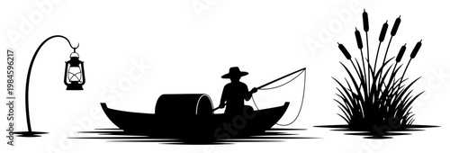 Fisherman in Boat Silhouette with Lantern and Reeds, Peaceful Lake Fishing Scene Vector Illustration