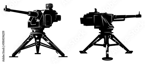 Heavy Machine Gun on Tripod Silhouette Set, Military Weapon and Anti-aircraft Artillery Vector Illustration