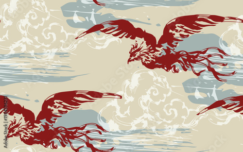 phoenix abstract seamless pattern design brush strokes japanese chinese vector ink traditional asian design isolated