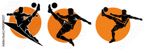 Soccer Player Bicycle Kick Silhouette Set, Football Athlete Action Poses with Orange Sun Background Vector Illustration