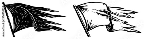 Waving Tattered Flag Silhouettes Set, Torn Battle Flags Monochrome Vector Illustration for Pirate or War Design