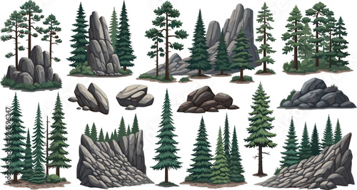Bild auf Leinwand Pine Trees and Rocky Mountain Stones Nature Wilderness Landscape Vector Illustra