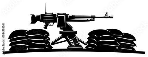 Heavy Machine Gun with Sandbags Silhouette, Military Defense Position and Combat Trench Vector Illustration