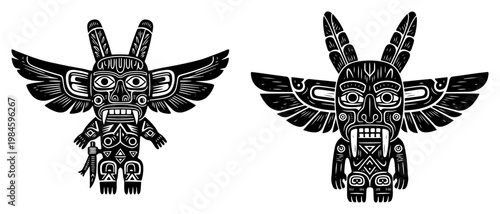 Tribal Totem Pole Silhouette Set, Native American Spirit Symbol and Indigenous Cultural Art Vector Illustration