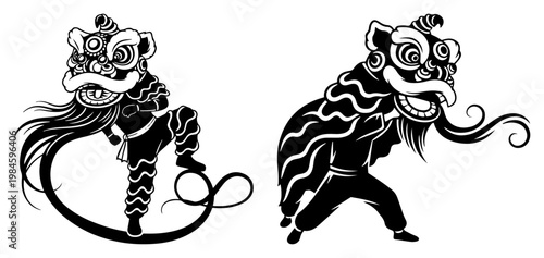 Traditional Chinese Lion Dance Character Set, Lunar New Year Festival Celebration Vector Illustration