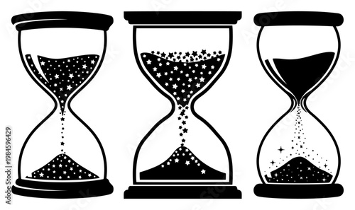 Hourglass with Stardust and Sand Set, Time Concept Measurement Symbols Minimalist Vector Illustration