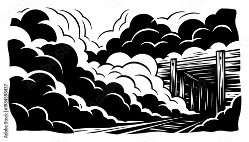 Railroad Tunnel with Smoke and Heavy Clouds Silhouette, Train Tracks Landscape Vector Illustration