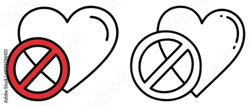 No Love Prohibition Sign with Heart Silhouette Set, Anti Valentine or Divorce Forbidden Symbol Vector Illustration