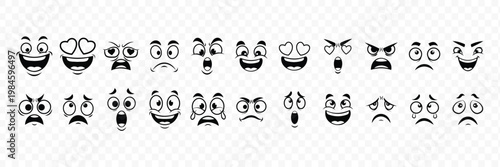 Collection of various cartoon faces with different emotions and expressions on a transparent background