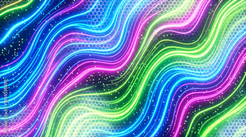 Vibrant Blue and Green Neon Light Waves on Dark Background