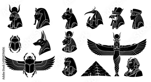 Ancient Egyptian Gods and Symbols Silhouette Set, Mythology Collection with Anubis Pharaoh Pyramid and Scarab Vector Illustration
