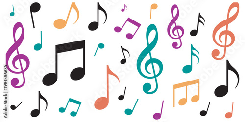 Colorful music notes and clef icon set, treble and bass clef symbols, music elements, audio design, education tools, creative projects, vector illustration set