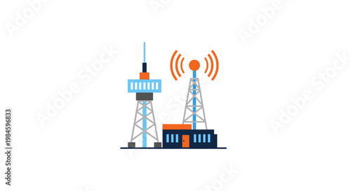 Communication Towers and Broadcasting Station Vector Illustration, Modern Telecommunications Infrastructure Icon for Network Technology and Digital Connectivity Concepts