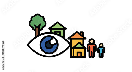 Community Vision Concept Vector Illustration Featuring Human Eye with Houses and People Icons for Urban Planning and Social Development Projects