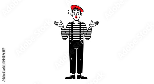 Confused Mime Artist Shrugging Shoulders Vector Illustration, Flat Style Character Design of a Performer with Red Beret Isolated on White Background for Performance Concept