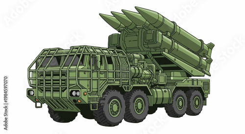 Modern green military missile launch vehicle with three ballistic rockets, ready for strategic deployment.