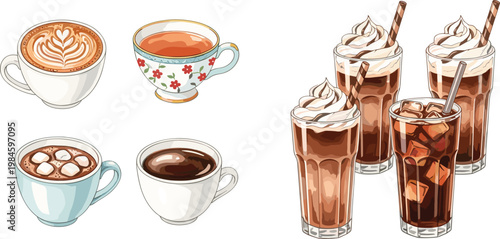 Coffee and Chocolate Drink Collection with Latte Cappuccino Espresso Iced Coffee and Milkshake Beverages Cafe Menu Vector Illustration Set