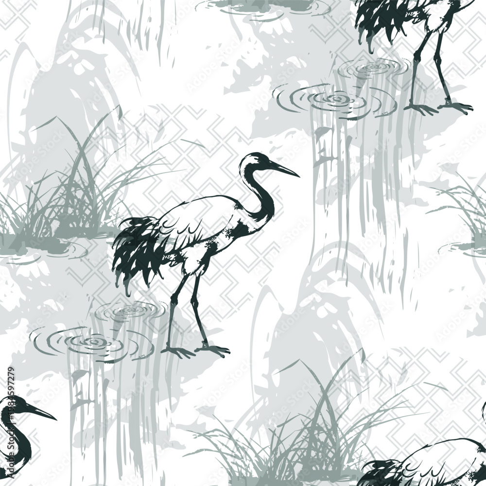 Fototapeta premium crane bird abstract seamless pattern design brush strokes japanese chinese vector ink traditional asian design isolated