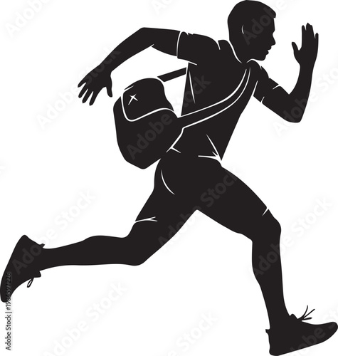 Running Man Silhouette with Messenger Bag, Active Male Character Sprinting, Minimalist Fitness Vector Illustration