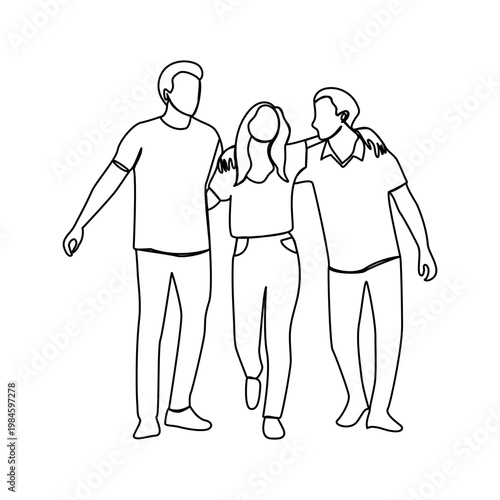 Foto Friendship day Minimal continuous line drawing of friends group standing togethe