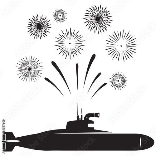 Black submarine vector, underwater explosion, fireworks illustration, nautical icons