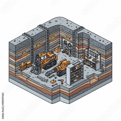 Construction Site Excavation and Heavy Machinery Diorama.