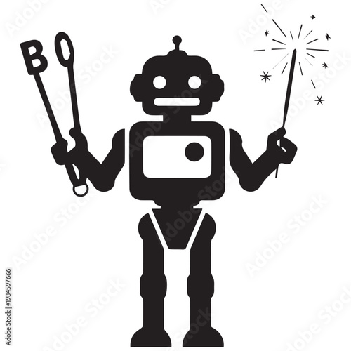 Robot, black silhouette, holding sparklers and BBQ tools, party decoration, festive icon