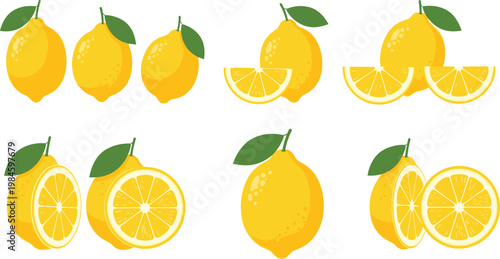 Lemon Fruit Collection with Whole Lemons and Sliced Pieces Fresh Citrus Food Minimal Flat Vector Illustration Set