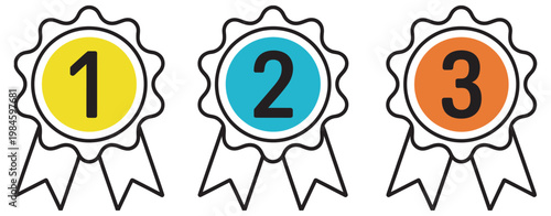 1st 2nd 3rd medal icon set, gold silver bronze award winner badges, first second third place ribbon symbols, prize guarantee sign, logo template vector design set