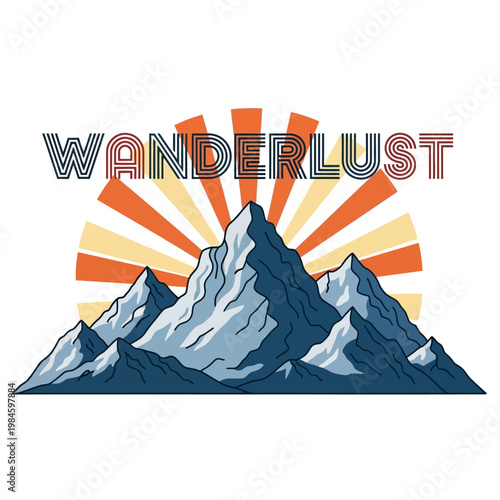Wanderlust Mountain Peak Retro Sunset Graphic