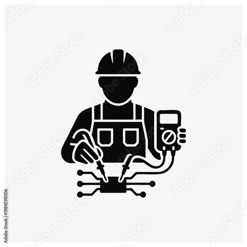 Electrician repairing circuit board with multimeter.