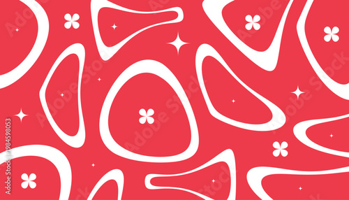 Retro mid-century seamless pattern with abstract amoeba shapes and sparkles on a vibrant red background. Vintage 1950s style vector design ideal for wallpaper, textile, and surface patterns.