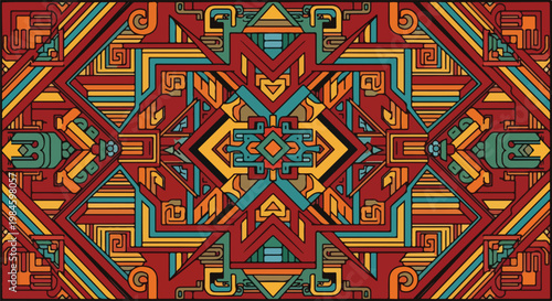 vibrant geometric mandala pattern in red teal and gold, abstract decorative design