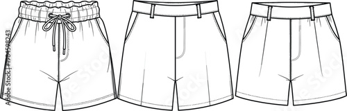 Technical Fashion Flat Sketch Set of Men Casual Shorts Including Elastic Drawstring Waistband and Tailored Chino Styles Vector Illustration for Apparel Design and Manufacturing