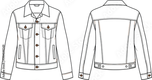 Men denim trucker jacket technical sketch vector set featuring front and back views with chest flap pockets button closure and collar for apparel tech pack.