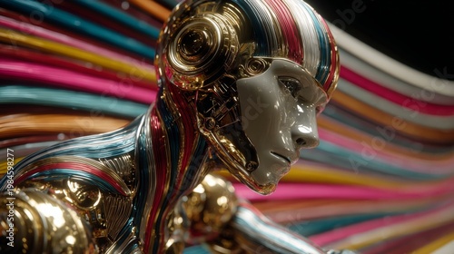 Competitive edge: humans and robots in a tech-driven job market. Network signals. Mixed media depiction of robots and humans awaiting job interviews. Signal beams. Digital signals.