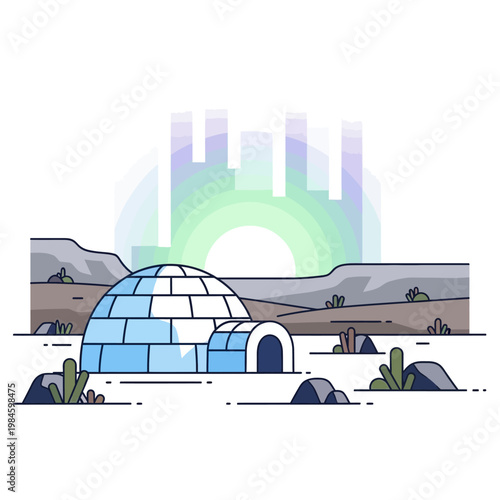 Arctic igloo dwelling with aurora borealis and distant cityscape illustration