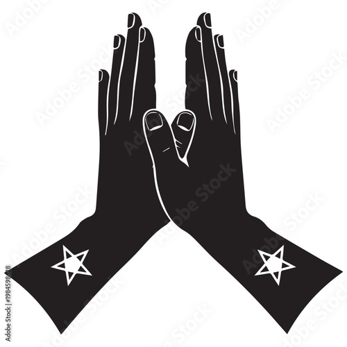Black praying hands with white pentagrams, occult symbol, mystical gesture, spiritual illustration