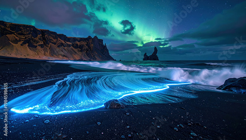 Bioluminescent waves crashing black sand beach nighttime scene coastal environment scenic viewpoint oceanic wonder