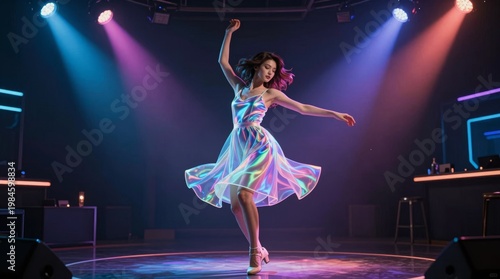 Graceful dancer performing in colorful light setting on stage