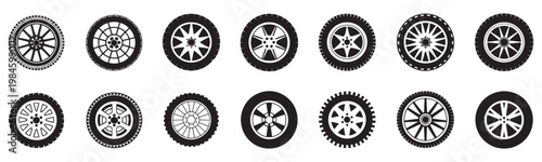 Black rubber wheel tire set, car tire tread tracks, motorcycle racing wheels, dirty tire marks, road maintenance, automobile wheel tyre, vector illustration, isolated collection