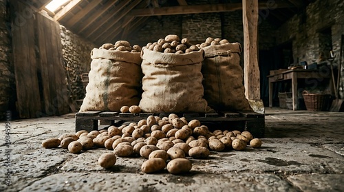 Potongan kentang segar dalam karung dan di atas pallet di gudang tradisional yang hangat dan alami