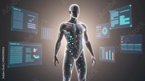 Futuristic Human Figure Surrounded by Data and Technology Elements