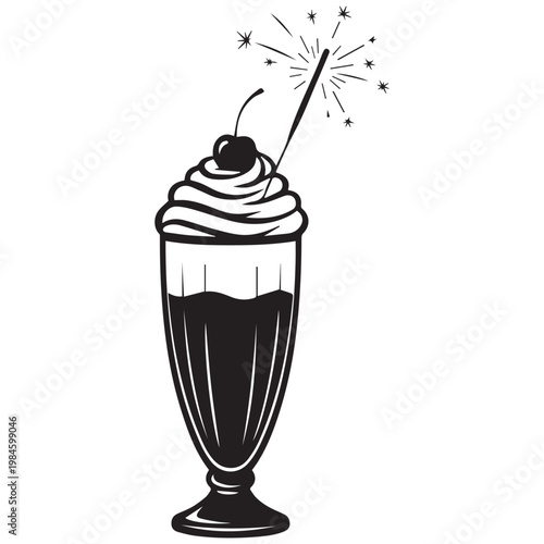 Black and white milkshake icon, dessert illustration, whipped cream and cherry, sparkler decoration, vector graphic