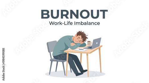 Illustration of a man experiencing work life imbalance and burnout.