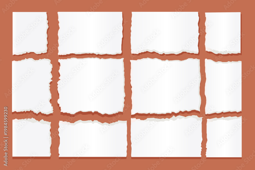 Fototapeta premium Torn Paper Grid Layout on Terracotta Background Ripped Paper Frame Template