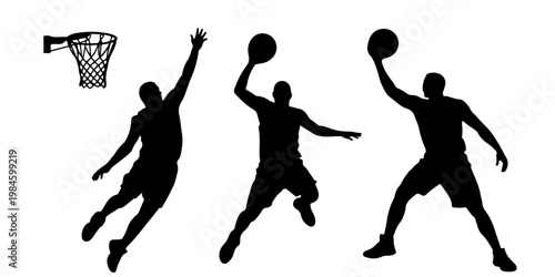 Set of basketball player silhouettes in action poses including shooting, dribbling and passing