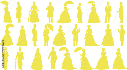Large collection of Victorian era people silhouettes including men in top hats and women in ball gowns with parasols vector isolated on white background