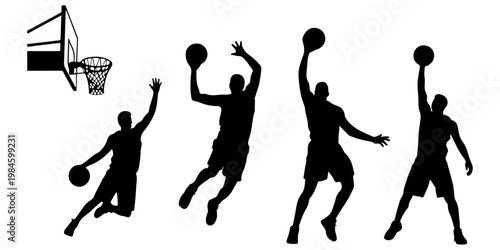 Set of basketball player silhouettes in action poses including shooting, dribbling and passing